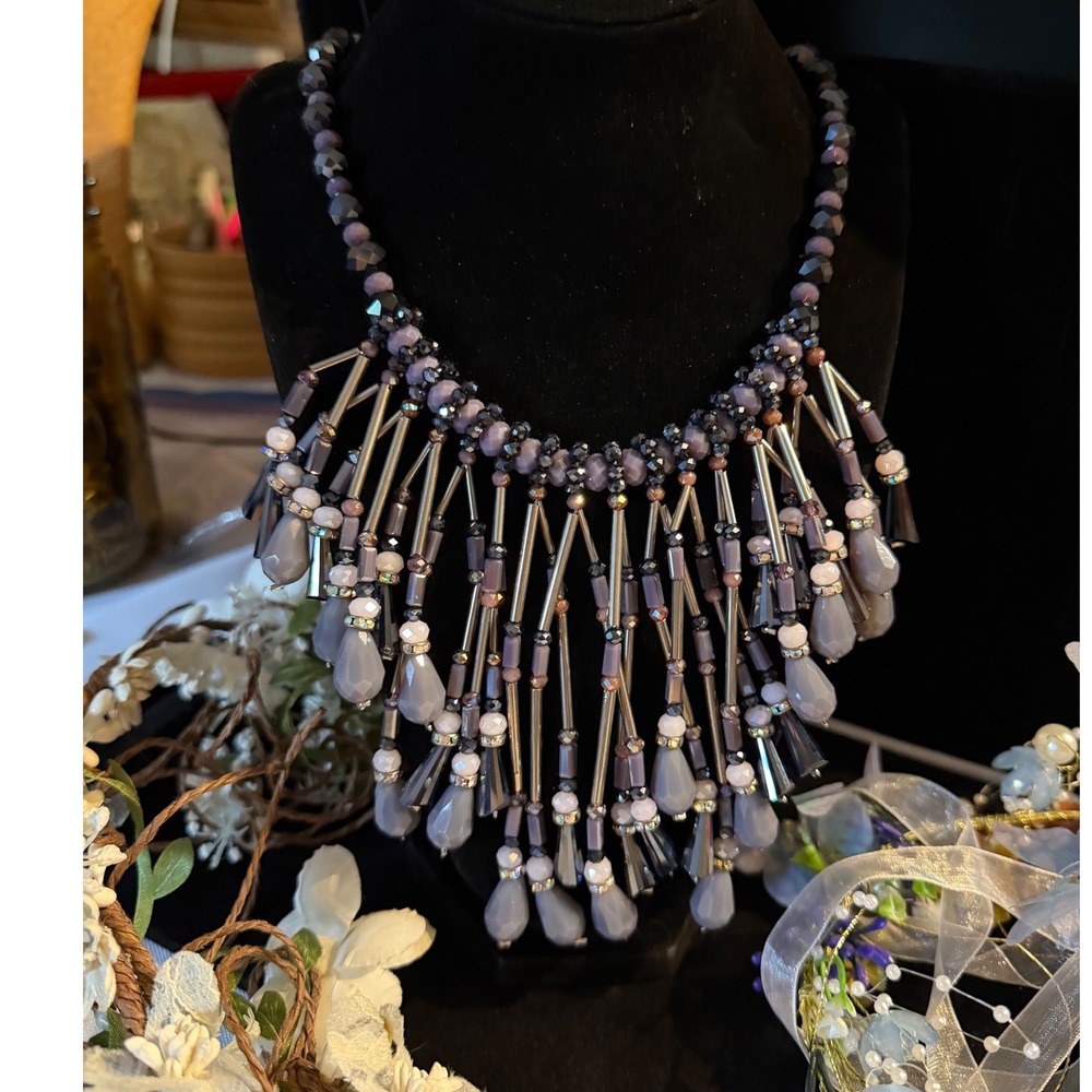 Dena G Rhodium Plated Beaded Fringe Statement Necklace Purple Gray Boho Glam